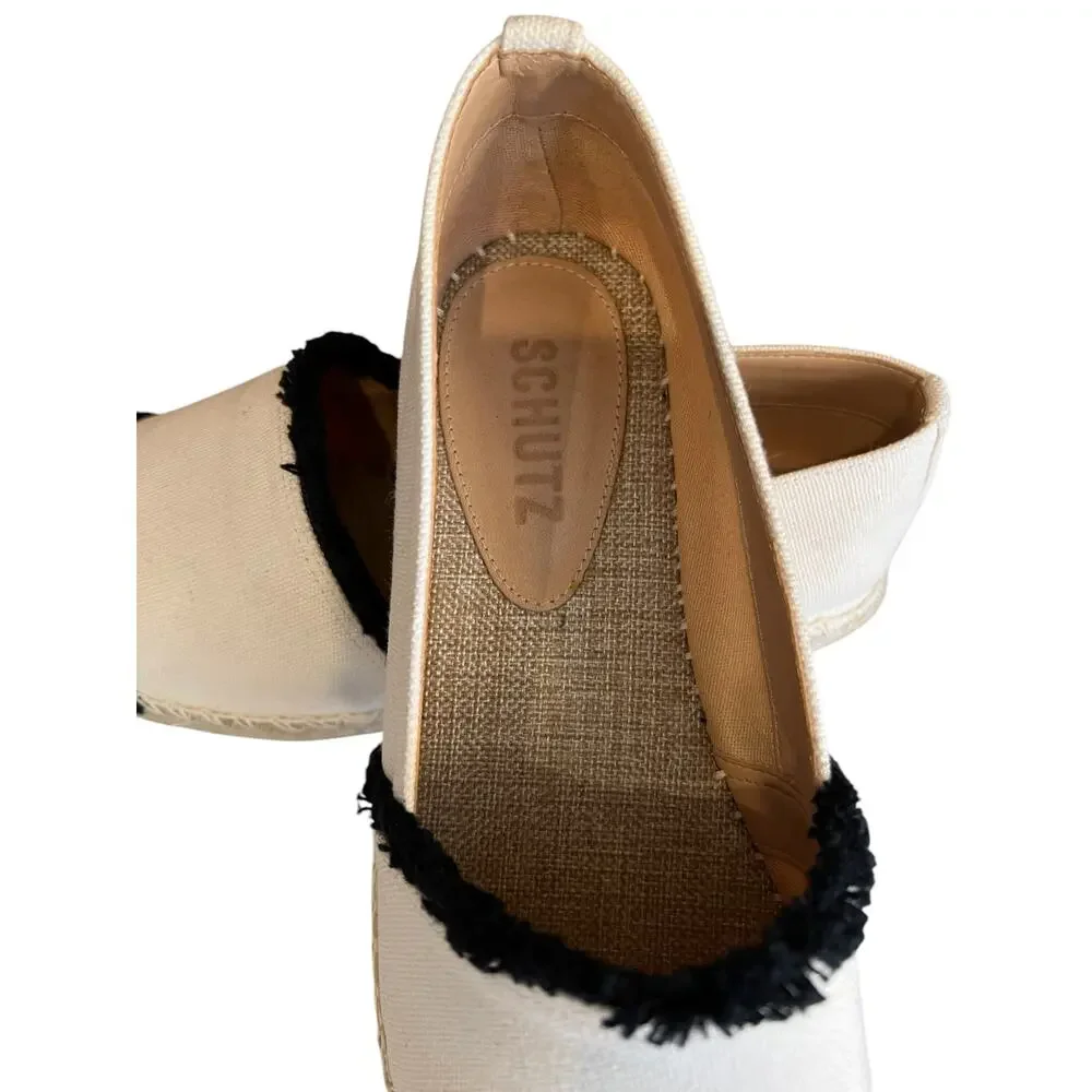 Schutz Ohanna Flat Slip on Espadrille Shoes Cream Black Colorblock 7.5